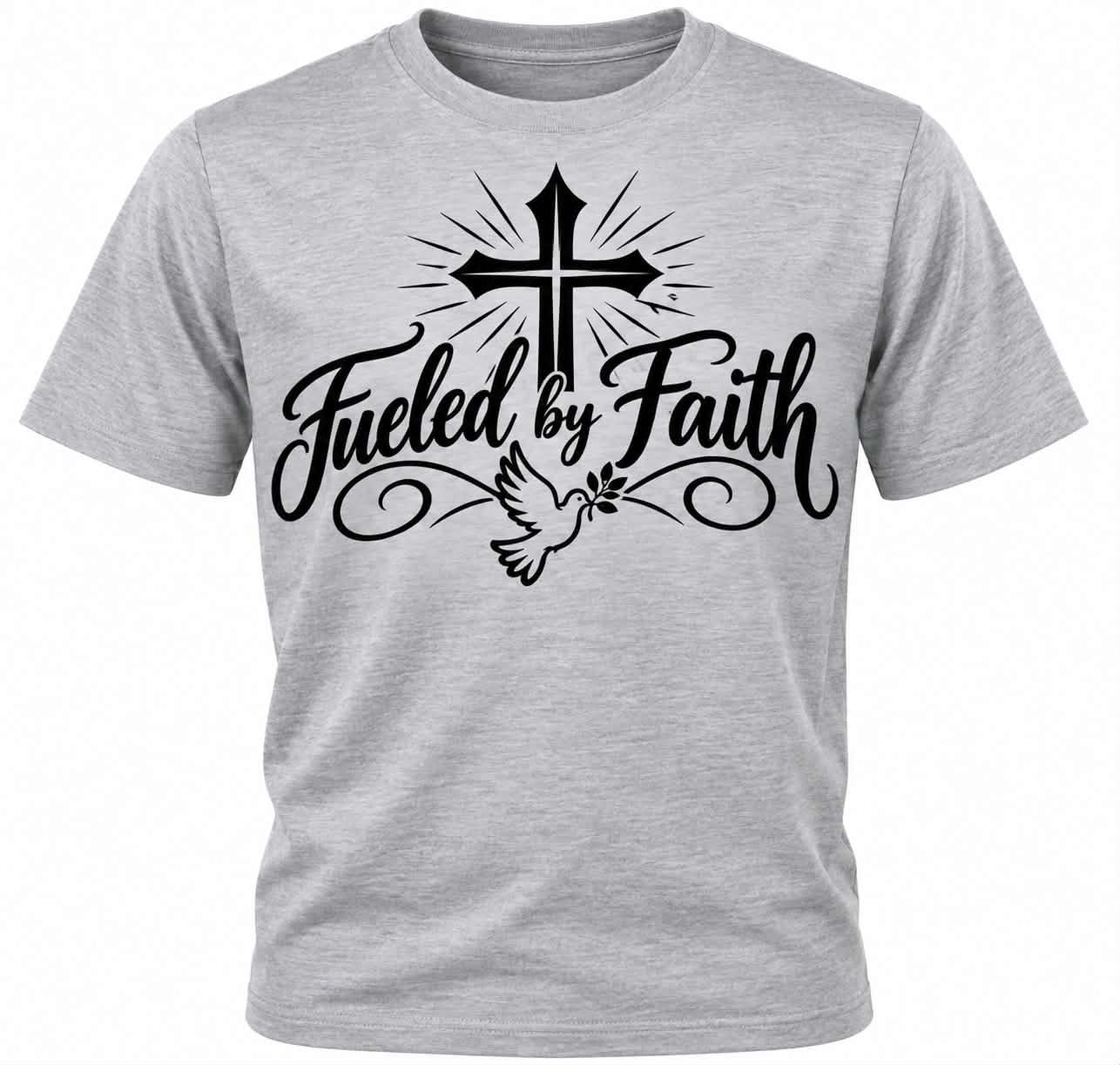Man wearing a gray Fueled by Faith shirt with cross and dove design — front and back view