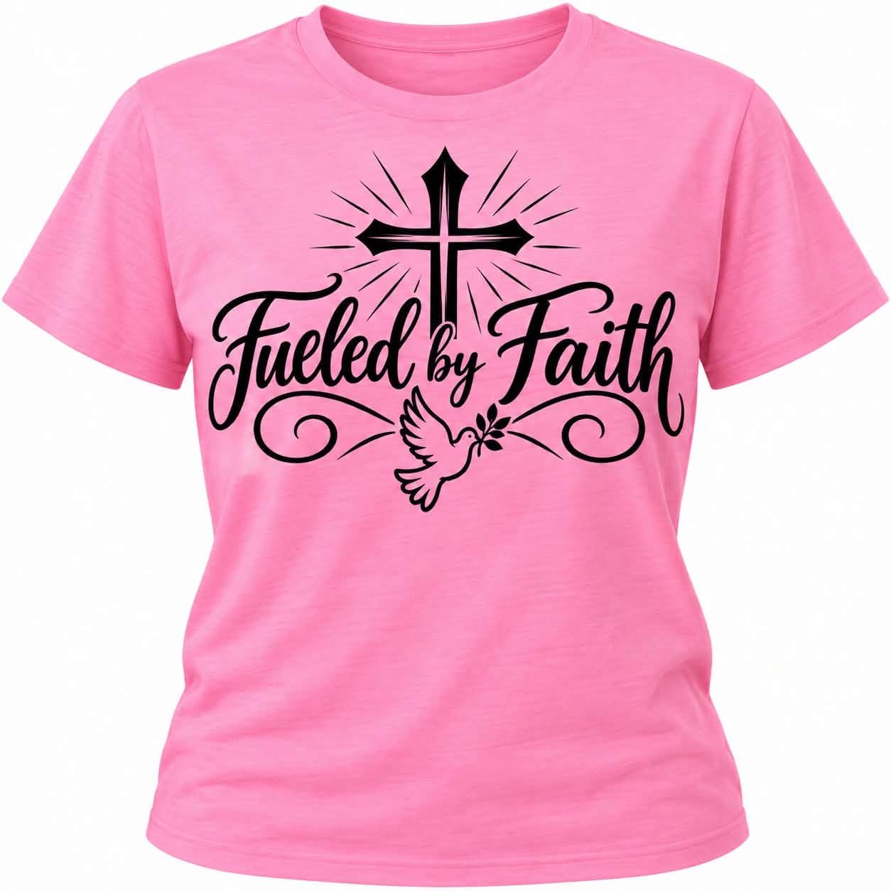 Fueled by Faith T-Shirt in pink with cross and dove design — front and back view