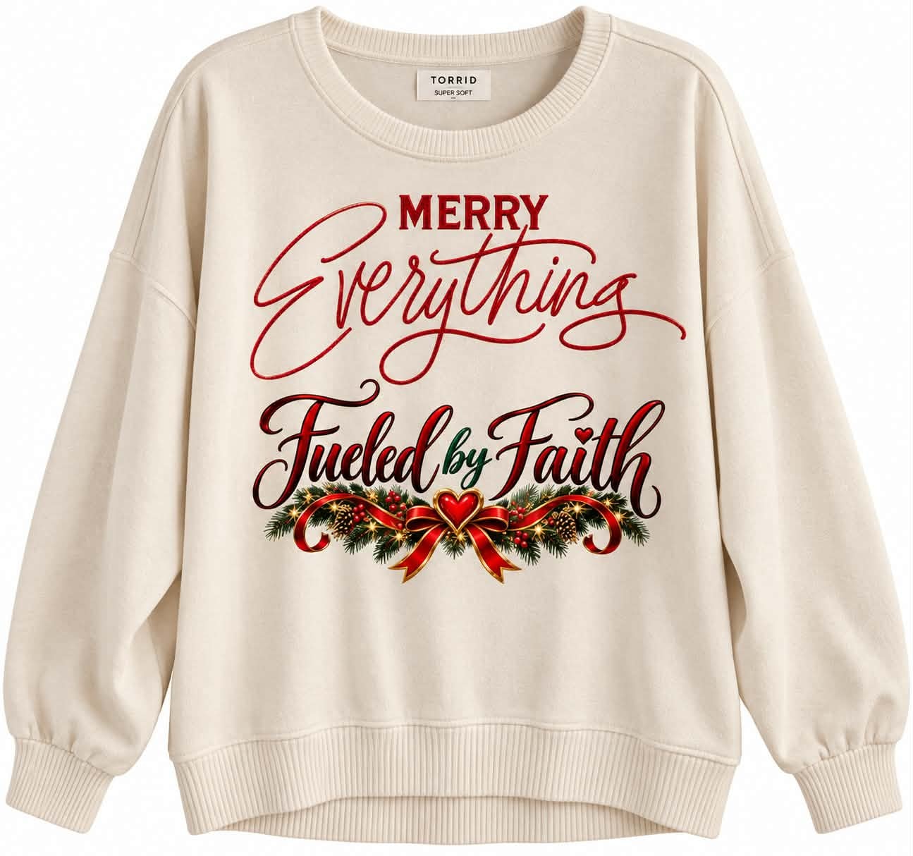 Merry Everything Fueled by Faith holiday sweater — cream with red holiday design